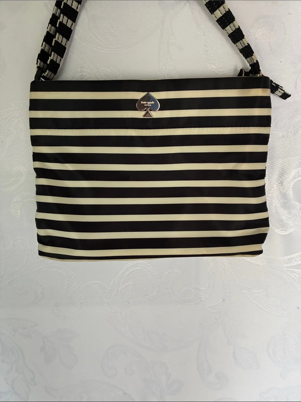 kate spade Black and Cream Striped Shoulder Bag with Spade Logo